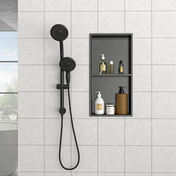FUNKOL 13 in. x 25 in. Gunmetal Black Stainless Steel Wall Mounted Shower Niche Double Shelf