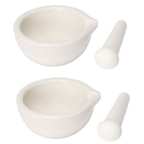 Ceramic White Spice Grinder Mortar and Pestle Set 2-Piece Handheld Mill Bowl Pill Crusher with Brush Spoon