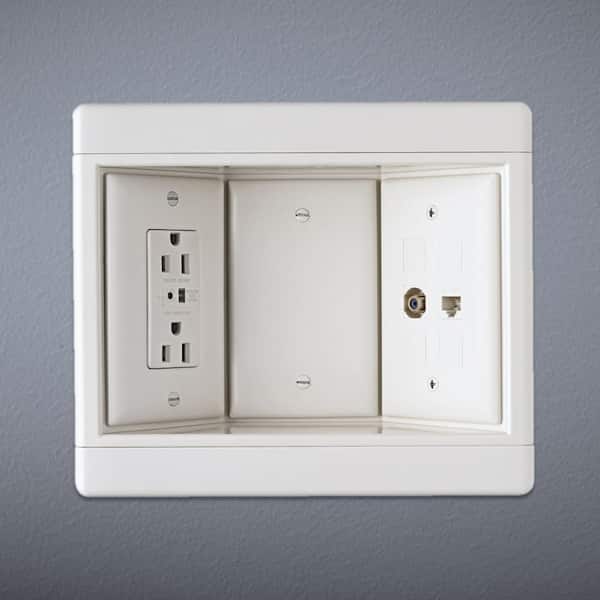 Pass & Seymour 3 Gang Recessed TV Media Box Kit with Surge Suppress Outlet, LV Inserts, and Metal Electrical Box, White