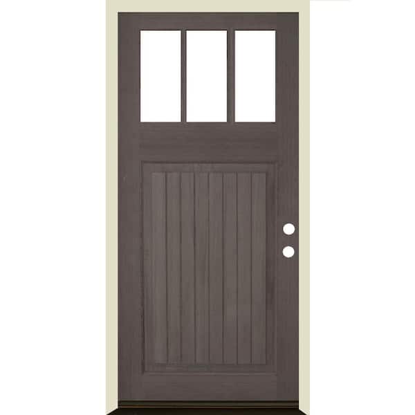 Krosswood Doors 36 in. x 80 in. Craftsman 3 Lite V Groove Grey Stain Left-Hand/Inswing Douglas Fir Prehung Front Door