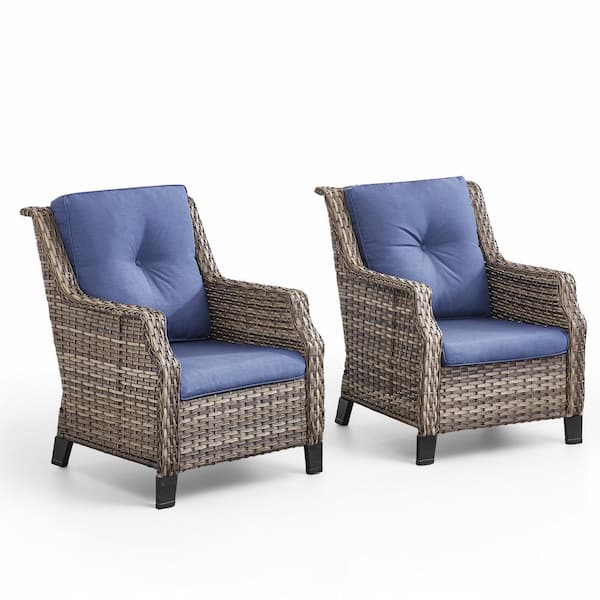 Straight Armrest Series Gray Wicker Outdoor Patio Lounge Chair with CushionGuard Blue Cushions (2 Pack)