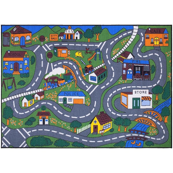 Ottomanson Jenny Collection Non-Slip Rubberback Educational Town Traffic Play 5x7 Kid's Area Rug,5 ft.x6 ft. 6 in.,Green/Multicolor
