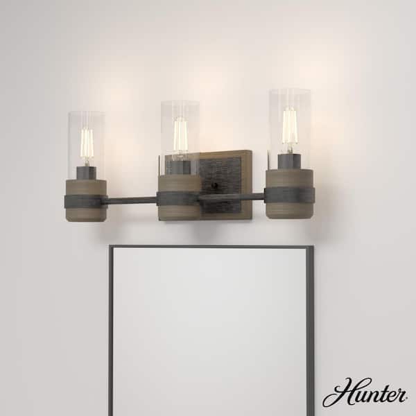 Hunter River Mill 21.5 in. 3-Light Rustic Iron Vanity Light with Clear Seeded Glass Shades