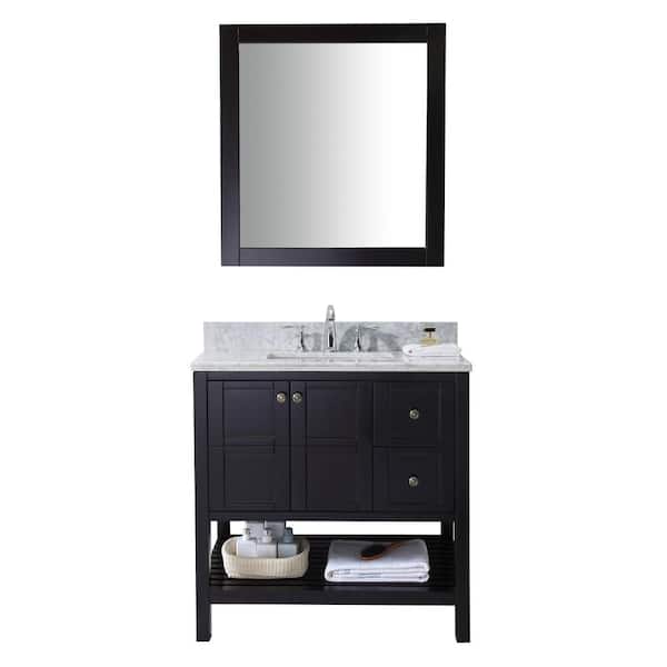 Virtu USA Winterfell 36 in. W Bath Vanity in Espresso with Marble Vanity Top in White with Square Basin and Mirror