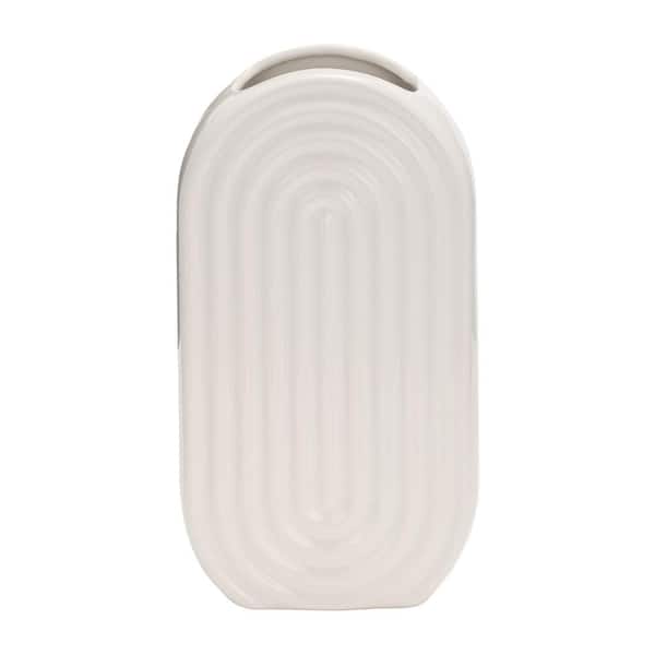 11 in. White Ceramic Oval Ridged Decorative Vase