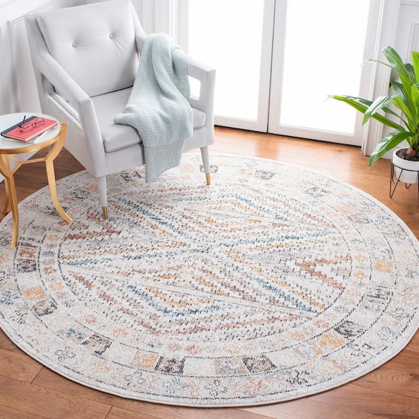 Crystal 7 ft. x 7 ft. Ivory/Gray Border Geometric Round Area Rug