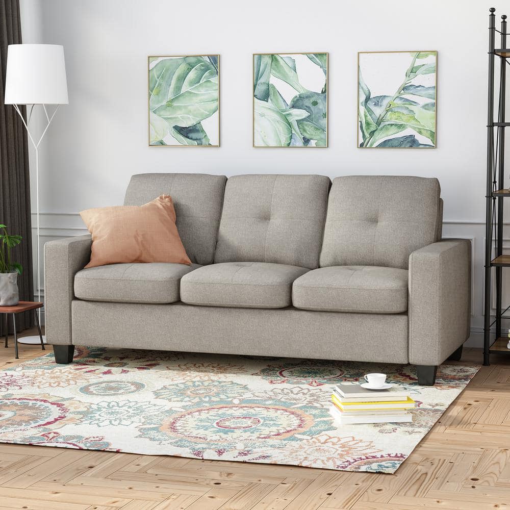 Beige and Espresso 76" Tufted Polyester and Wood 3-Seater Sofa