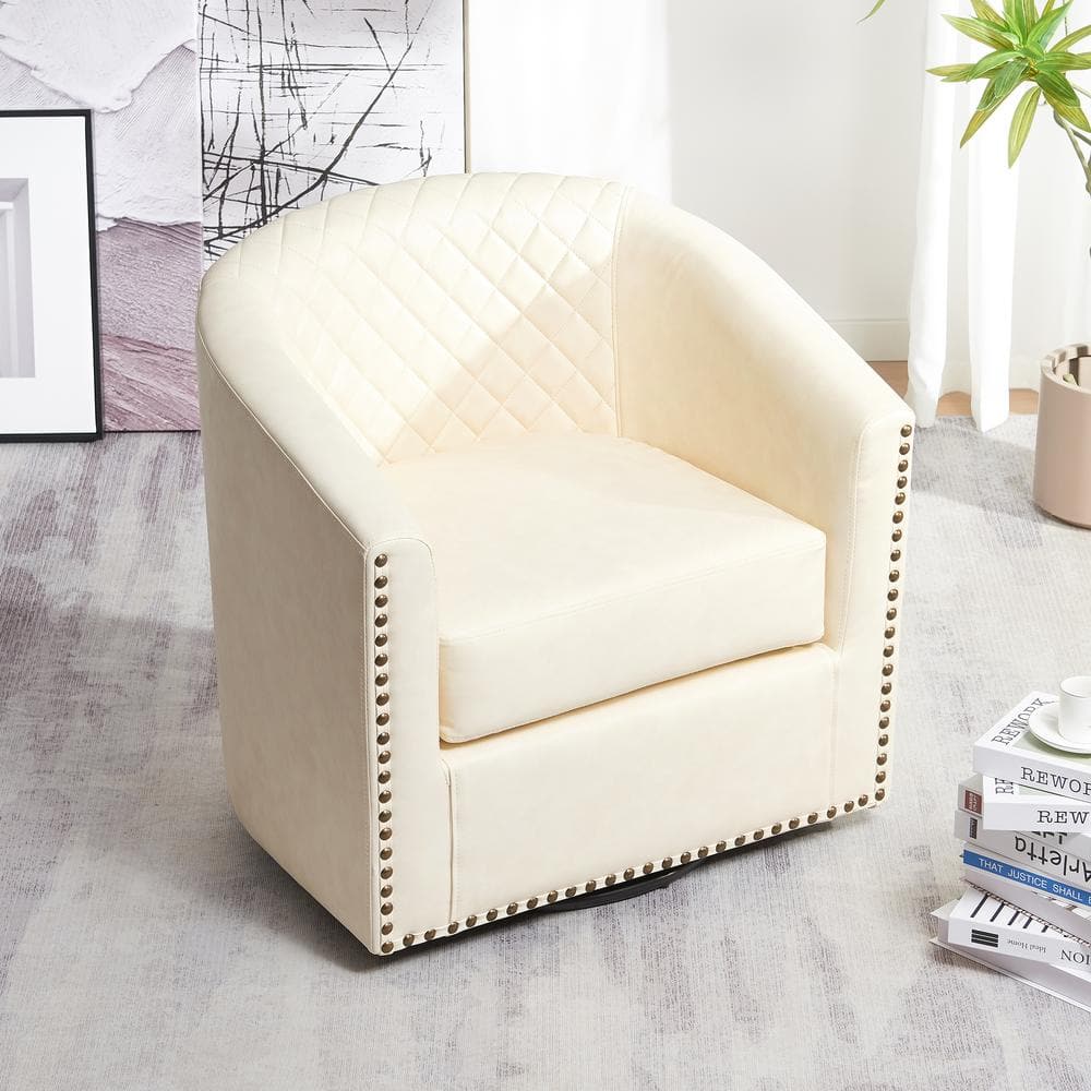 Modern Cream Small Swivel Faux Leather Tufted Upholstered Barrel Accent Arm Chair