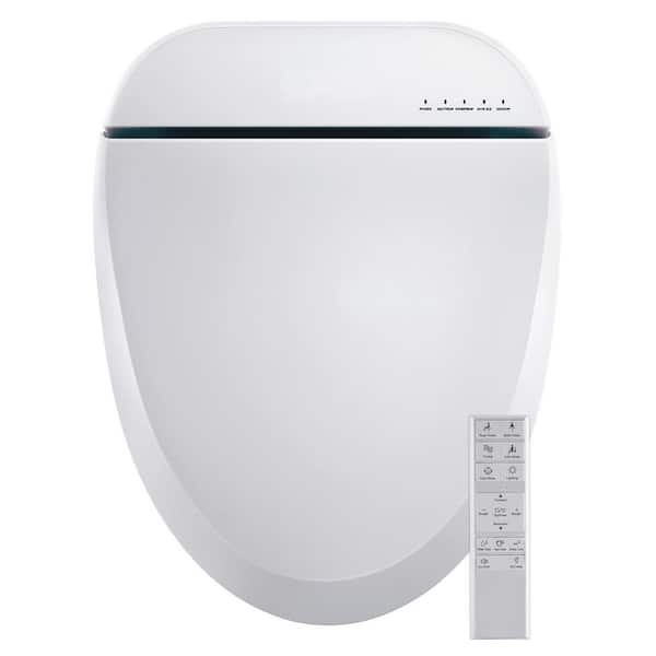 Elongated Smart Toilet Seat with Warm Water, Heated Seat, Remote Control, Turbo Wash, Dryer, Night Light in White