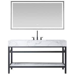 Ecija 60 in.W x 22 in.D x 33.9 in.H Single Sink Bath Vanity in Matte Black with White Stone Top and Mirror