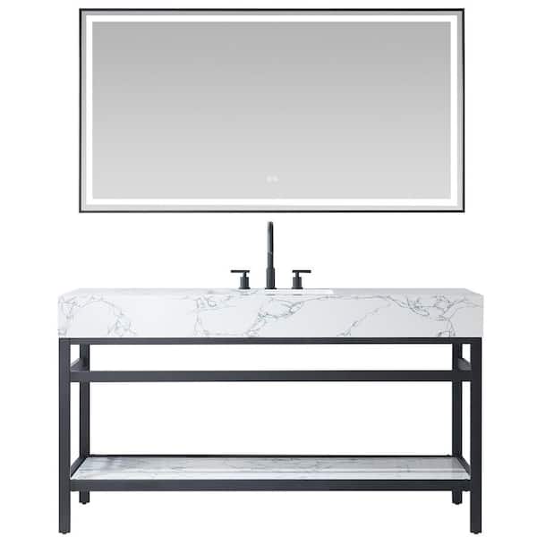 ROSWELL Ecija 60 in.W x 22 in.D x 33.9 in.H Single Sink Bath Vanity in Matte Black with White Stone Top and Mirror