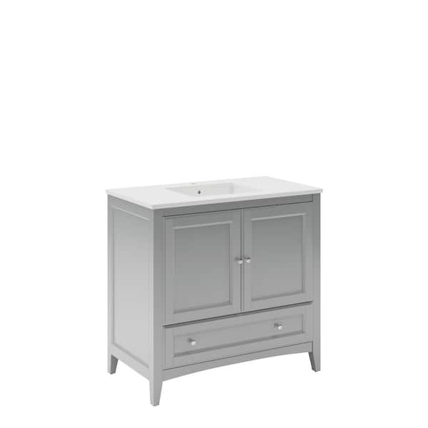 Oxford 36 in. Traditional Bathroom Vanity in Gray with Quartz Stone Vanity Top in White with White Basin