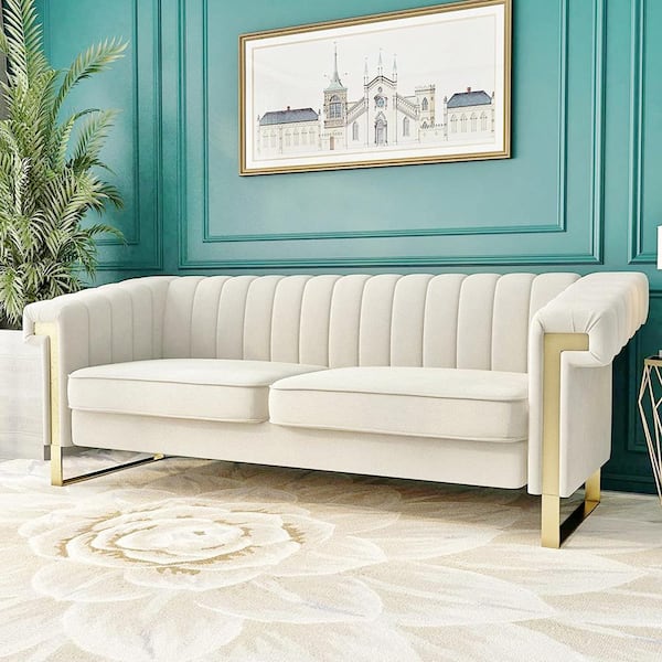 Magic Home 84 in. Chesterfield Sofa Modern Tufted Velvet Upholstered Couch with Removable Cushions and Gold Legs,Beige