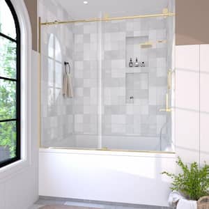 Brewo 60 in. W x 60 in. H Sliding Semi Frameless Tub Door in Gold Finish with Clear Glass