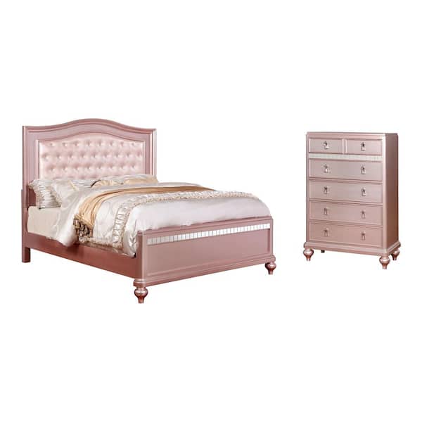 Stelna 2-Piece Rose Gold Wood Queen Bedroom Set, Bed and Chest