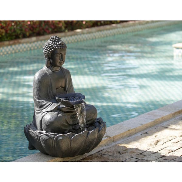 Runesay 24 in. W x 20.5 in. D x 34 in. H Dark Gray Buddha Statue Polyresin Water Fountain Indoor Outdoor Fountain with Light