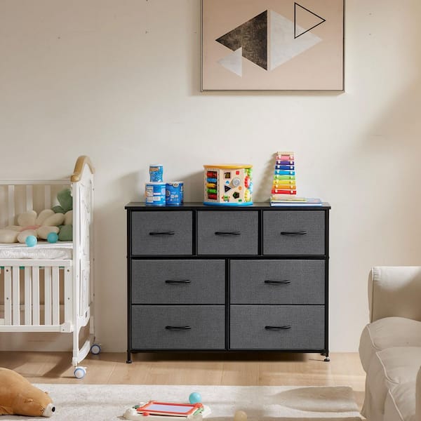 Gray 7-Drawer 39.3 in. W Fabric Storage Tower Dresser Wooden Top Without Mirror for Kid Room, Closet, Entryway, Nursery