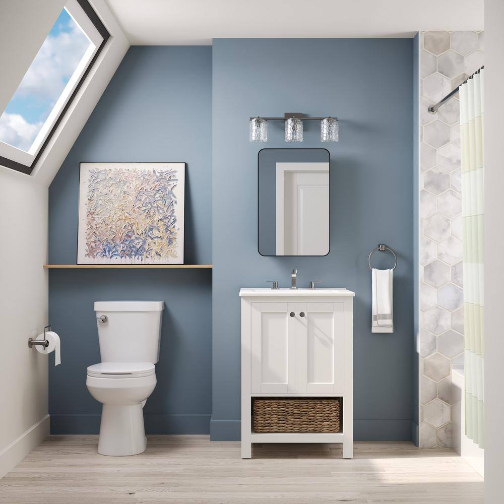 24" White Freestanding Bathroom Vanity with Ceramic Top and Woven Basket