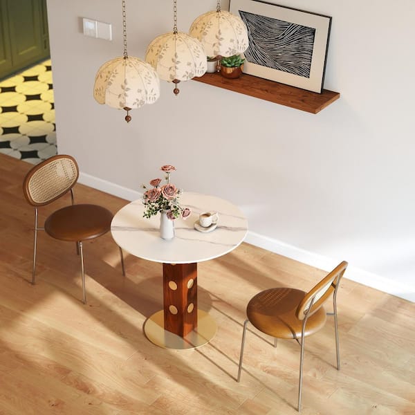 33 in. W Round White Sintered Stone with Solid Wood Pedestal Dining Table for Bistro, Dining Room, Terrace (Seats 2)
