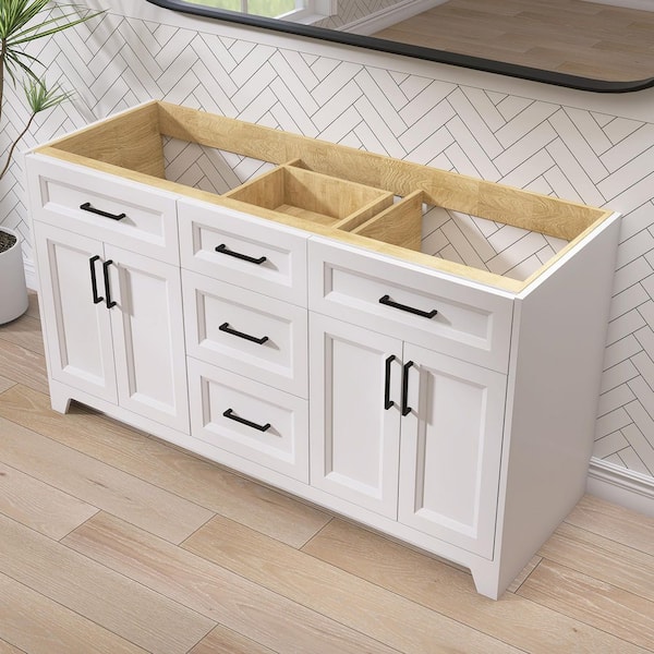 60 in. Bath Vanity Cabinet Without Top in White Freestanding Solid Wood Bathroom Vanity with Dovetail Design Assembled