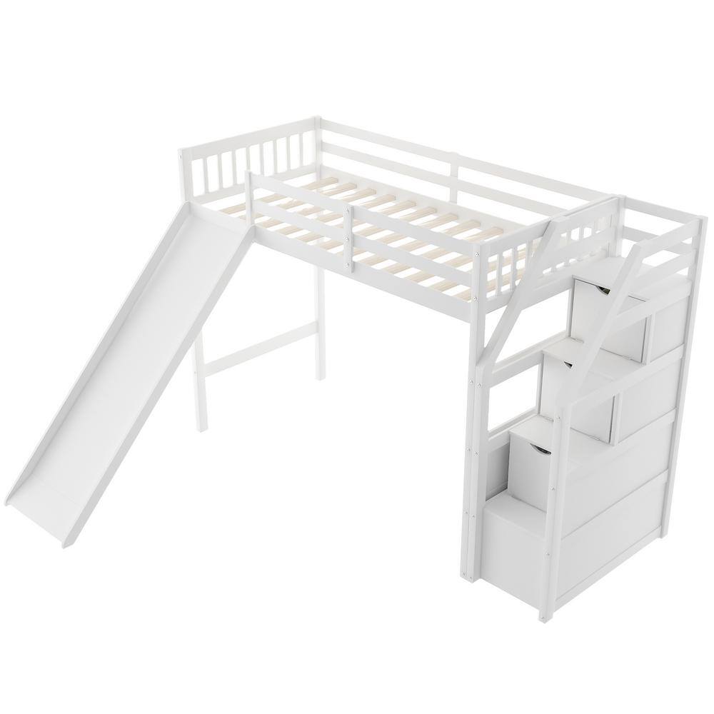 Wateday White Twin Loft Bed with Storage and Slide YJ-YUKI9596781 - The ...