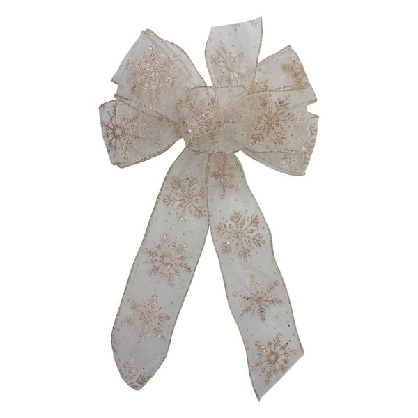 14 in. x 9 in. Sheer and Gold Snowflake 6 Loop Christmas Bow Decoration