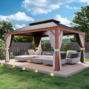 12 ft. x 16 ft. Wood Grain Hardtop Outdoor Gazebo with Double Roof, Ceiling Hook, Textilene Netting and Privacy Curtains