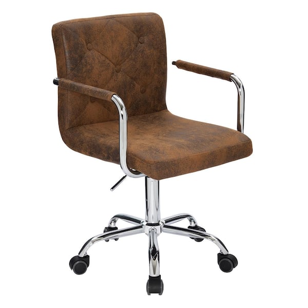 VECELO Office Stool with Arms/Wheels for Students Swivel Faux Leather Office Chair Home Computer Chair, Brown