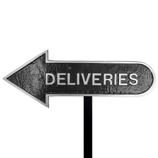 6 in. x 15.5 in. Left Arrow Deliveries Statement Plaque Sign with Lawn Stake-Black/Silver