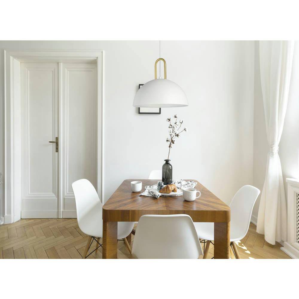 White Metal Dome Pendant Light with Brass Accents