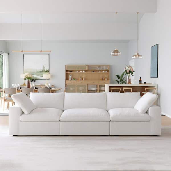Magic Home 118 in. Square Arm 3-Piece Linen Modular Sectional Sofa Cloud Couch in White