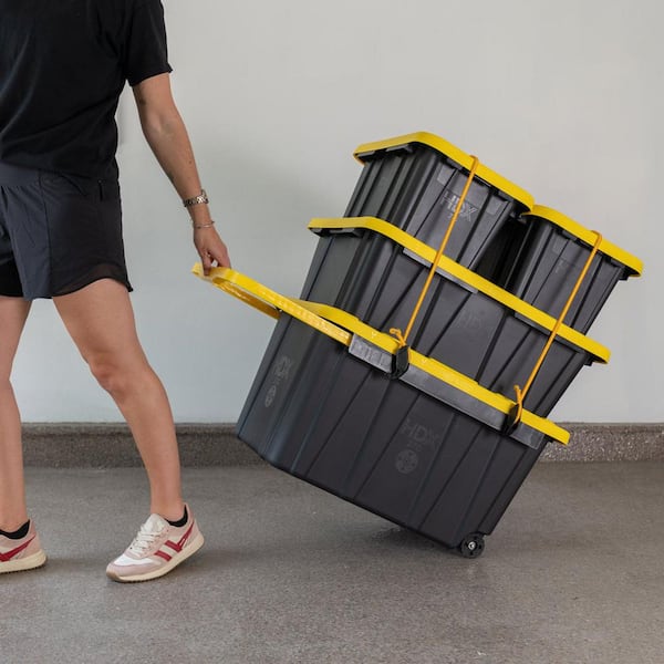 HDX 27 Gal. Tough Storage Tote with Wheels and Handle in Black and