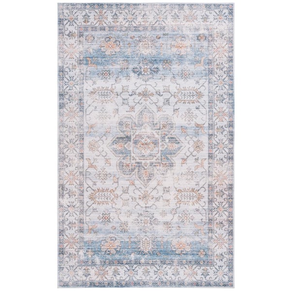 SAFAVIEH Arizona Ivory/Light Blue 8 ft. x 10 ft. Distressed Border Ornate Machine Washable Area Rug