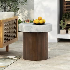 Aurelia Outdoor Patio Round Side Table, MGO, Antique White Plus Natural Wood Finish