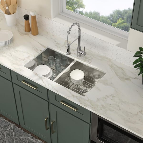 HBEZON 32 in. Undermount Double Bowl 18 Gauge Brushed Nickel Stainless Steel Kitchen Sink with Drainboard & Bottom Grid