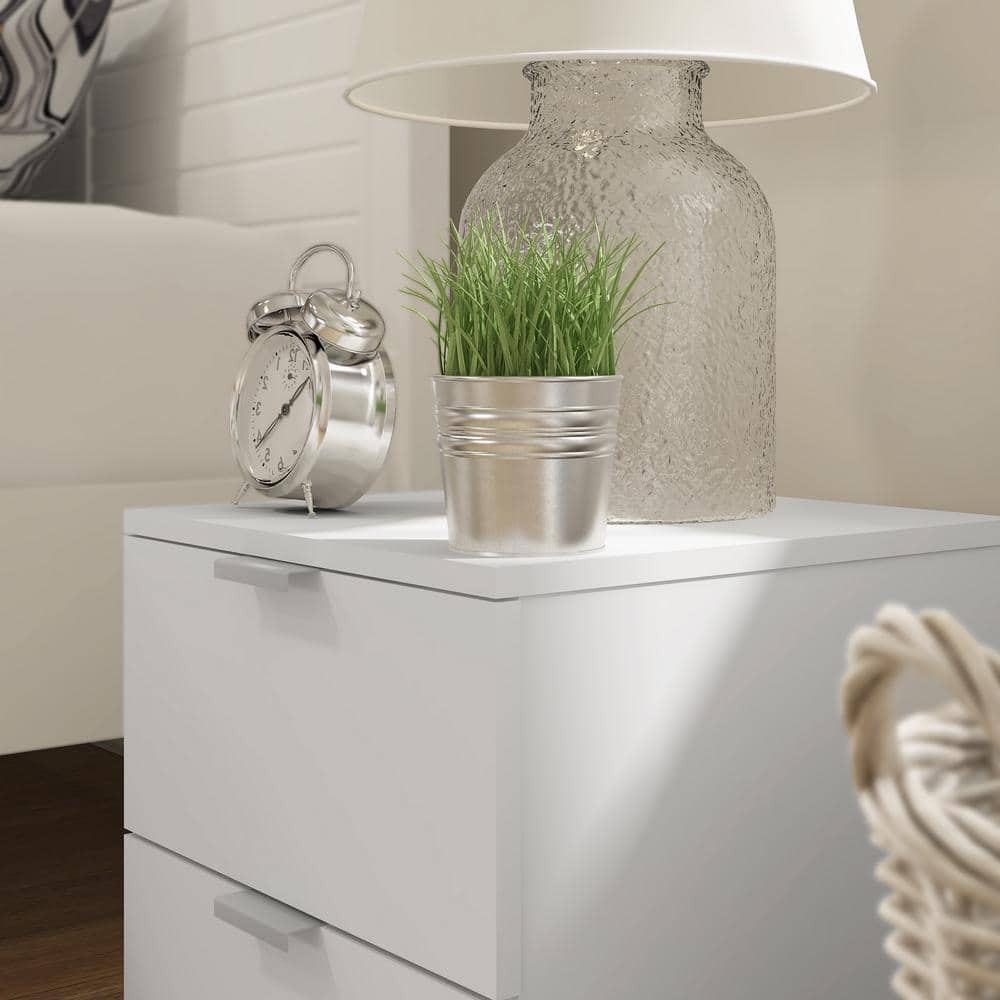 Matte White Modern 2-Drawer Nightstand with Silver Pulls