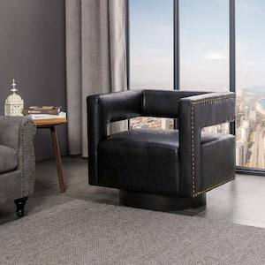 Ferrero Black Contemporary and Classic Swivel Barrel Chair with Nailhead Trim