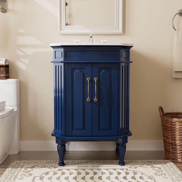 24 in. Navy Wood Single Sink Freestanding Bathroom Vanity with White Marble Top (Assembled)