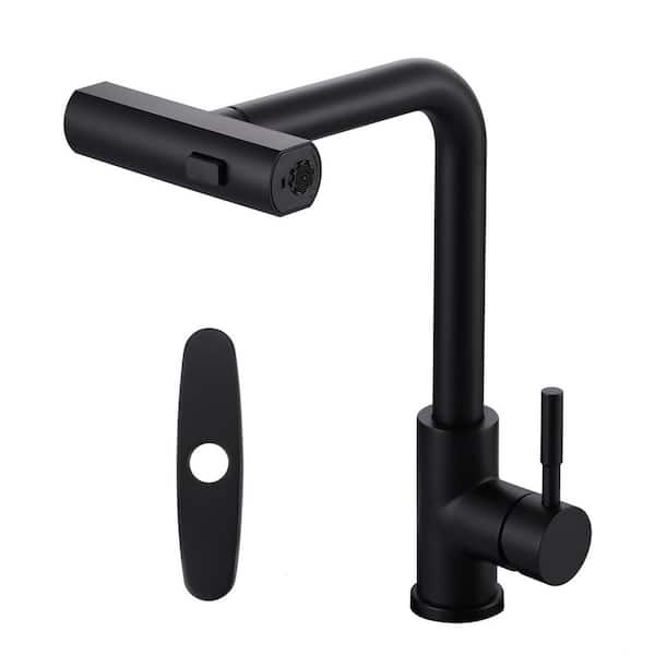 WOWOW 15.7 in. 3 Modes Single Handle Waterfall Pull Down Sprayer Kitchen Faucet with 360° Spout Swivel in Matte Black