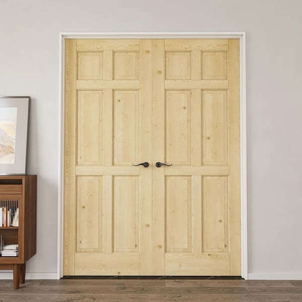 56 in. x 80 in. Universal 6-Panel Solid Core Unfinished Pine Wood Assembly Required Double Interior Door with Jamb