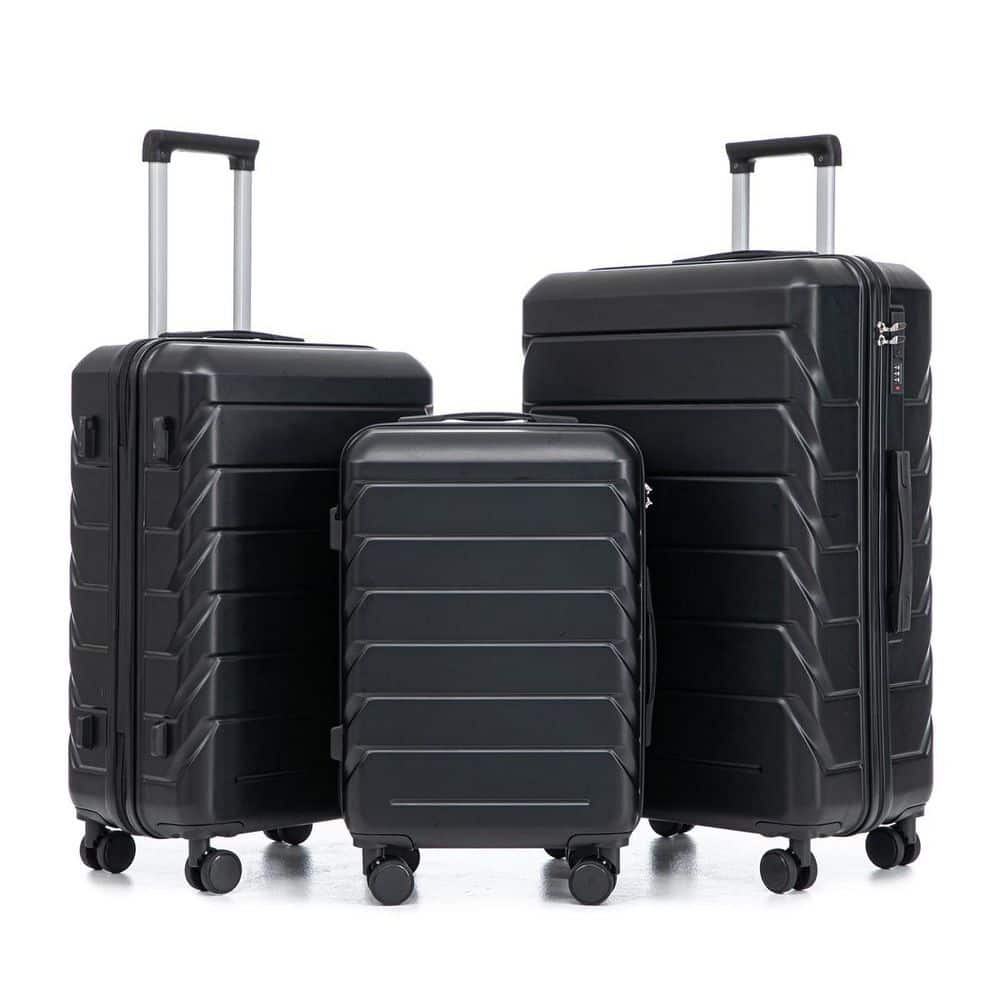 LIVACA 3-Piece Black ABS Plastic Hardside Spinner Wheel Luggage