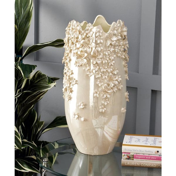 Litton Lane 16 in. Cream 3D Ceramic Floral Decorative Vase with Iridescent Glaze