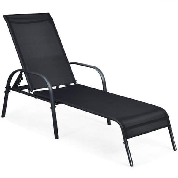 Clihome Adjustable Patio Chaise Folding Outdoor Lounge Chair in Black with 5-Position Backrest and Arc-shaped Armrest