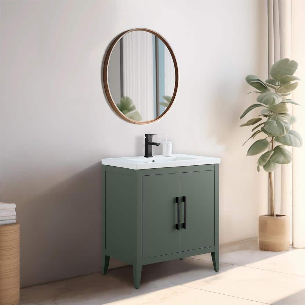 30" Vintage Green Single Sink Bathroom Vanity with Ceramic Top