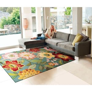 Spring Blossoms Aqua 2 ft. x 3 ft. Floral Contemporary Kitchen Area Rug