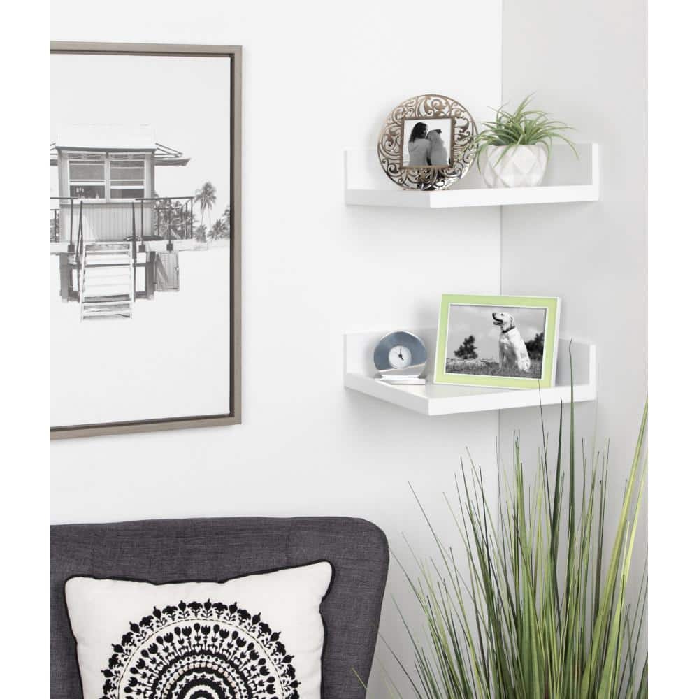 White Wood Floating Corner Wall Shelf Set