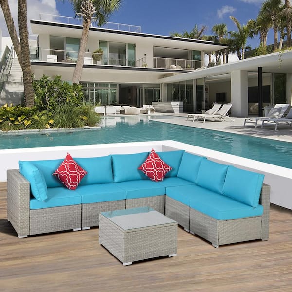 Afoxsos Gray 7-Piece PE Rattan Wicker Patio Furniture Outdoor Sectional Sofa Set with 2 Pillows, Coffee Table and Blue Cushions