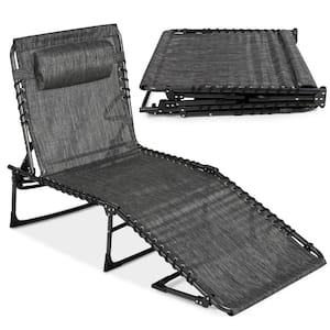 Outdoor Chaise Lounge Chair, Portable Adjustable Folding Patio Recliner with Pillow in Gray
