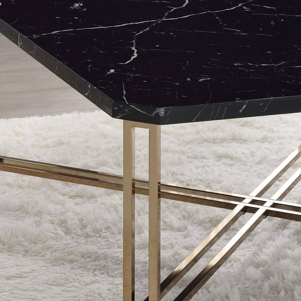 Daxton Black Faux Marble Rectangular Sofa Table with Gold Metal Base