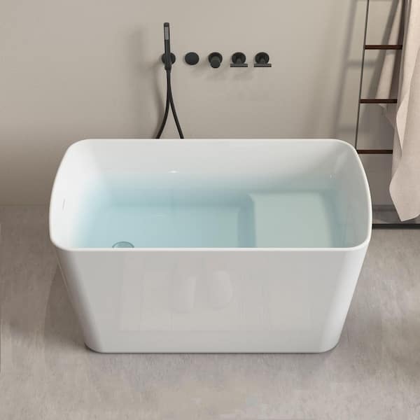 49 in. x 28 in. Freestanding Acrylic Soaking Bathtub with Built-in Seat & Flatbottom Design in Glossy White